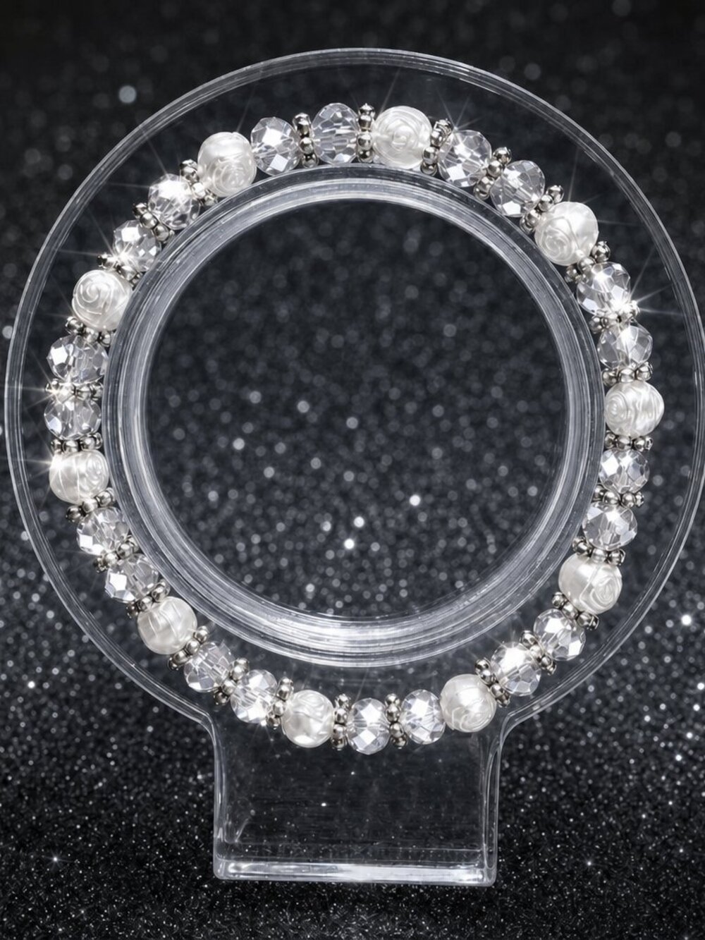 Handmade 6.5" Czech Clear Crystal & Cream Rose Stretch Bracelet
